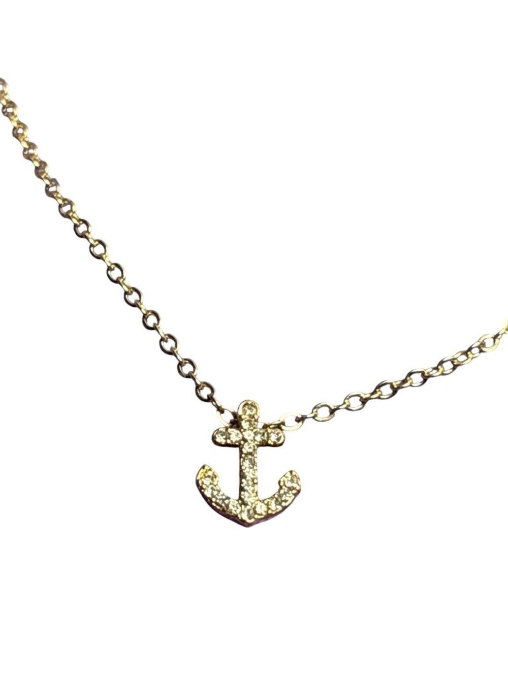 Clear Rhinestone Anchor Pendant Necklace Goldtone Chain 16 - 19 inches Long
